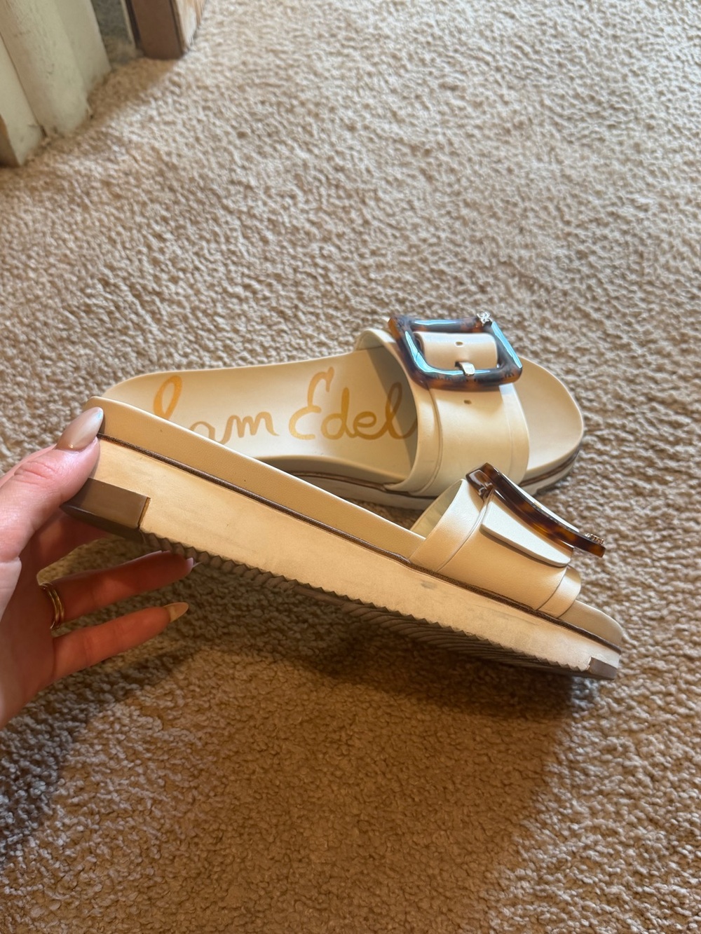 Sam Edelman Cream Slide Sandals with Tortoiseshell Buckle Accent - Picture 2 of 2